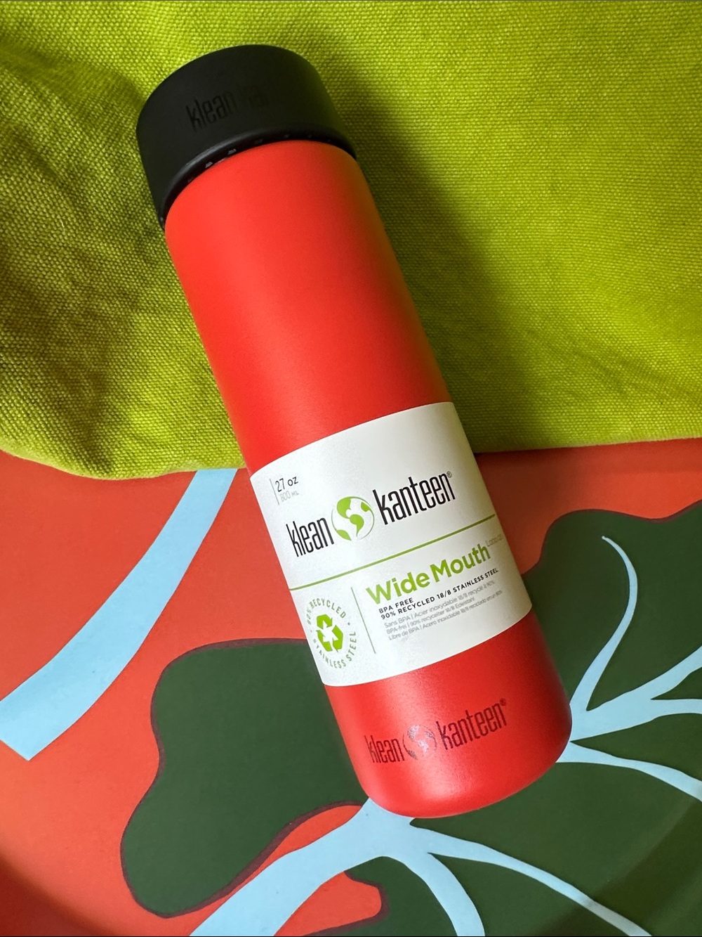 NWT Klean Kanteen 27 oz. Wide with Loop Cap in Tiger Lilly (Red) colorway.